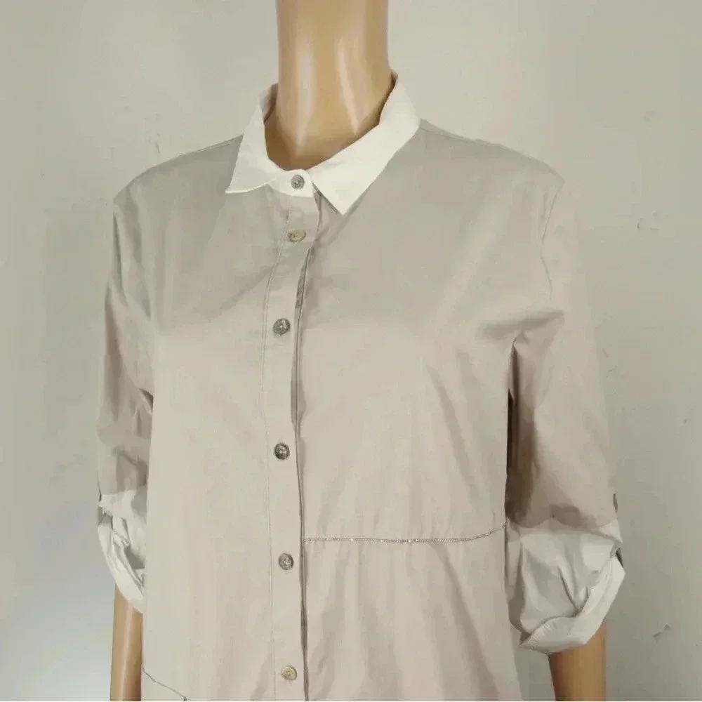 Hubert Gasser Bush Taupe Cream Short Sleeve Shirt Midi Dress - Picture 2 of 5